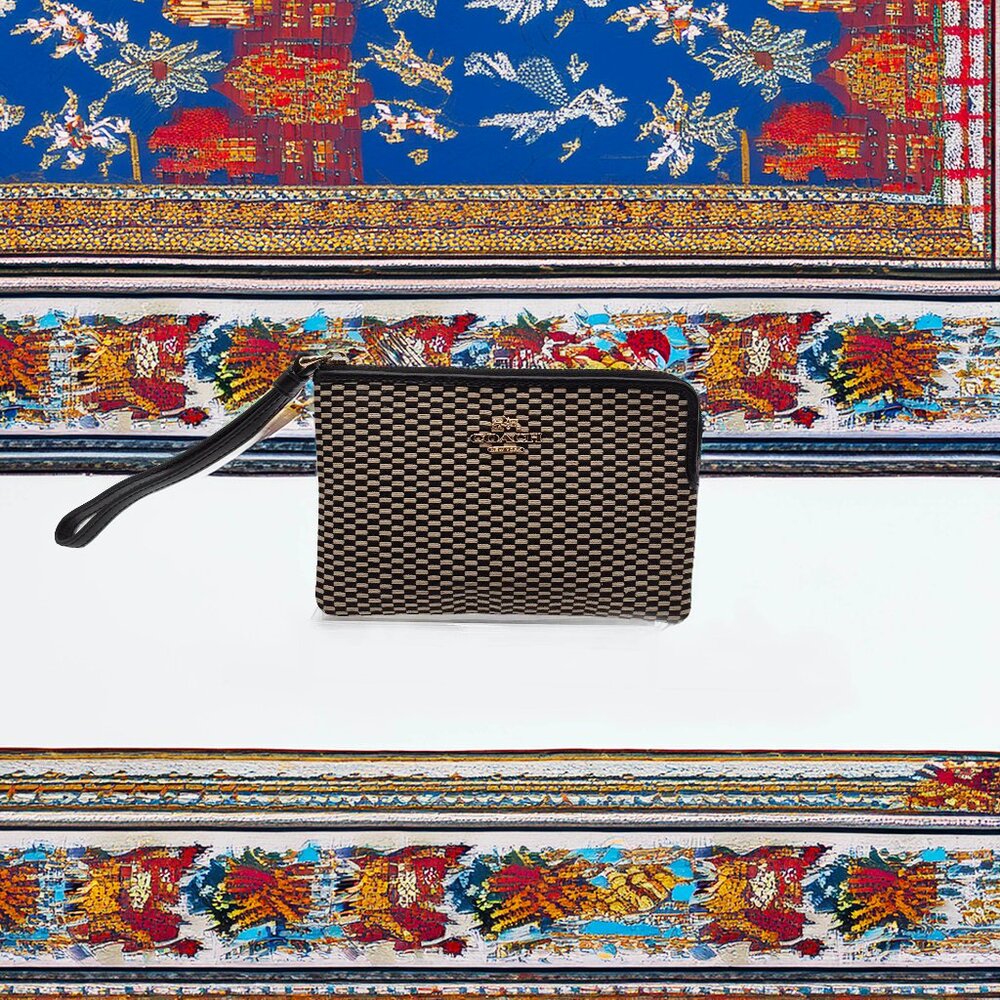 Coach Legacy Jacquard Wristlet Black Checkered Leather Strap